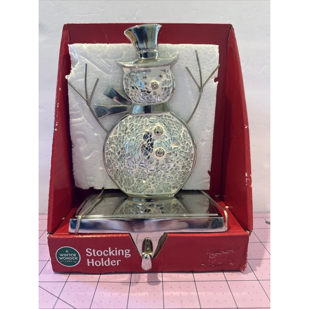 Chrome Silver White Mosaic Snowman Metal Stick Arms‎ Stocking Holder Hanger